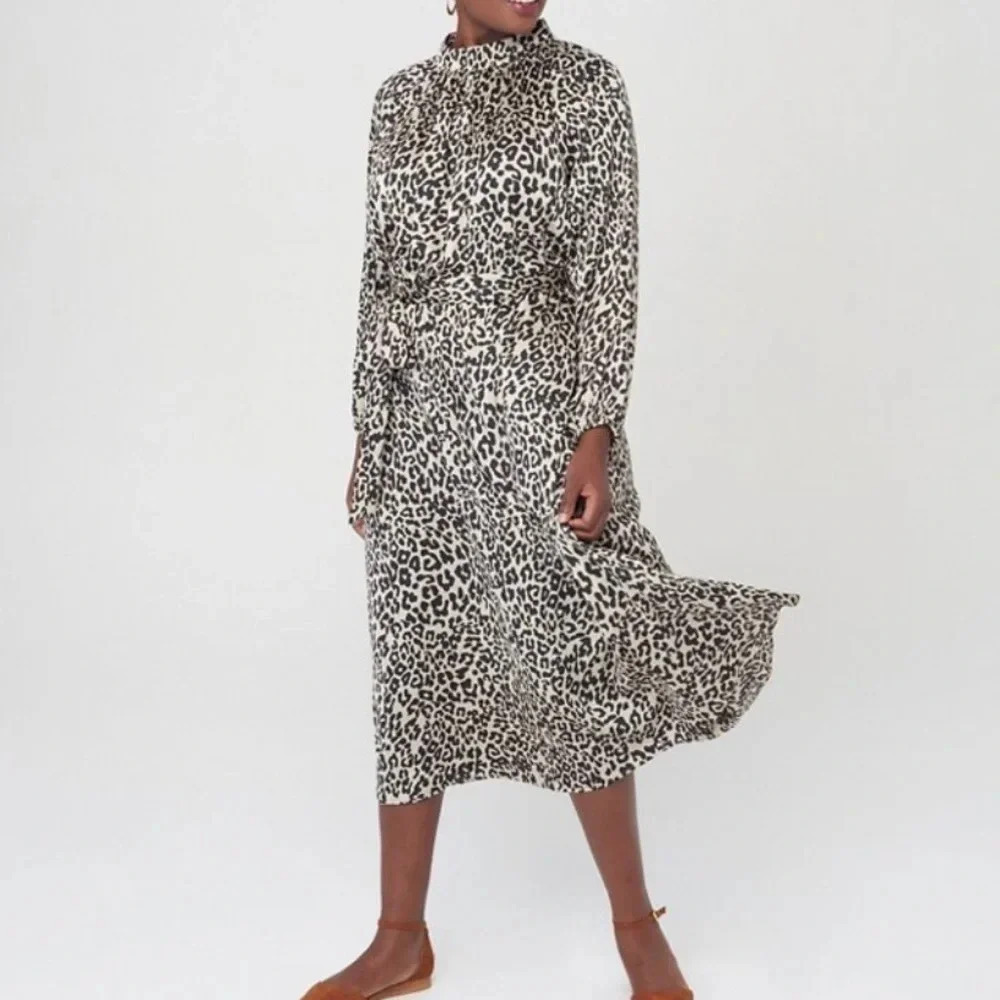 LOFT Silky High Neck Elastic Waist Classic Animal Print Dress - Size 10P